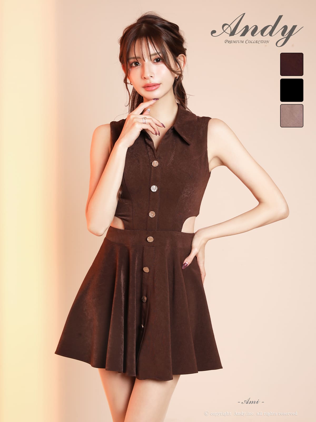 ノースリーブ ウエスト カットアウト ボタン 襟付き フレアミニドレスのメイン画像2