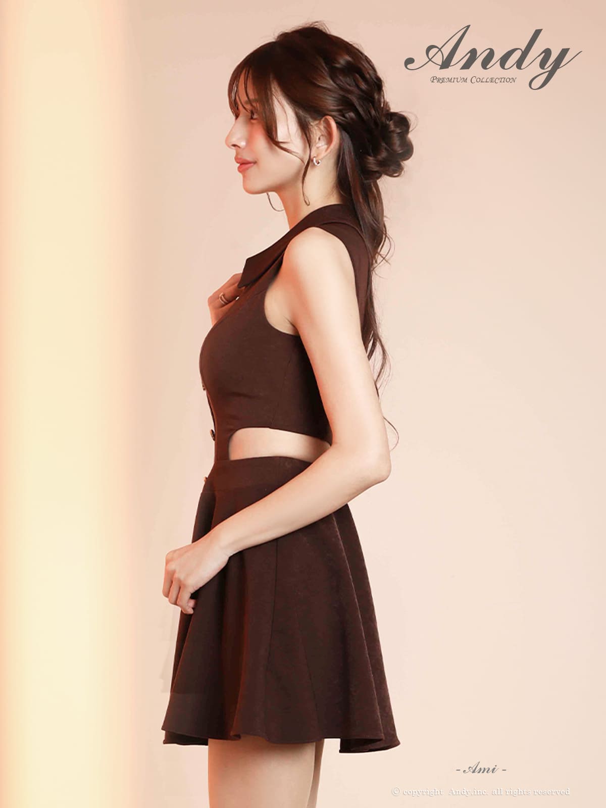 ノースリーブ ウエスト カットアウト ボタン 襟付き フレアミニドレスの全身バック画像1