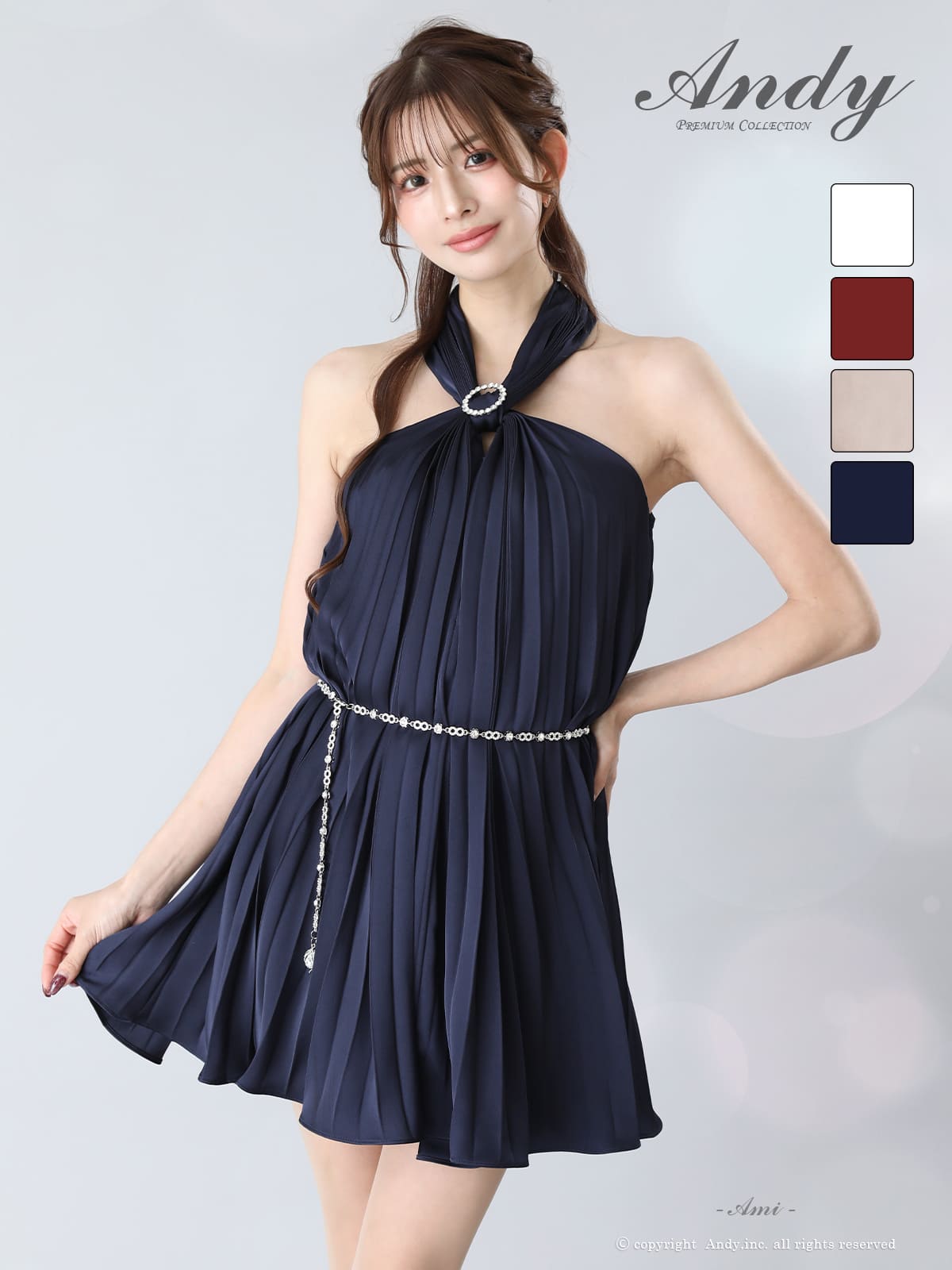 ホルターネック ビジュー チェーンベルト シフォン プリーツ フレアニドレスのメイン画像2