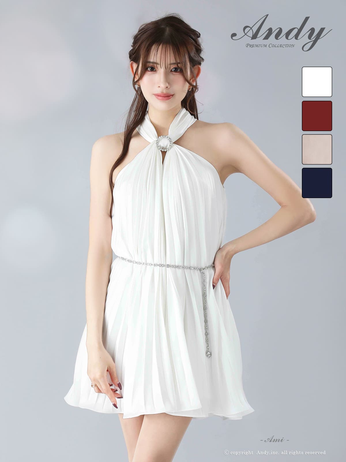 ホルターネック ビジュー チェーンベルト シフォン プリーツ フレアニドレスのメイン画像2