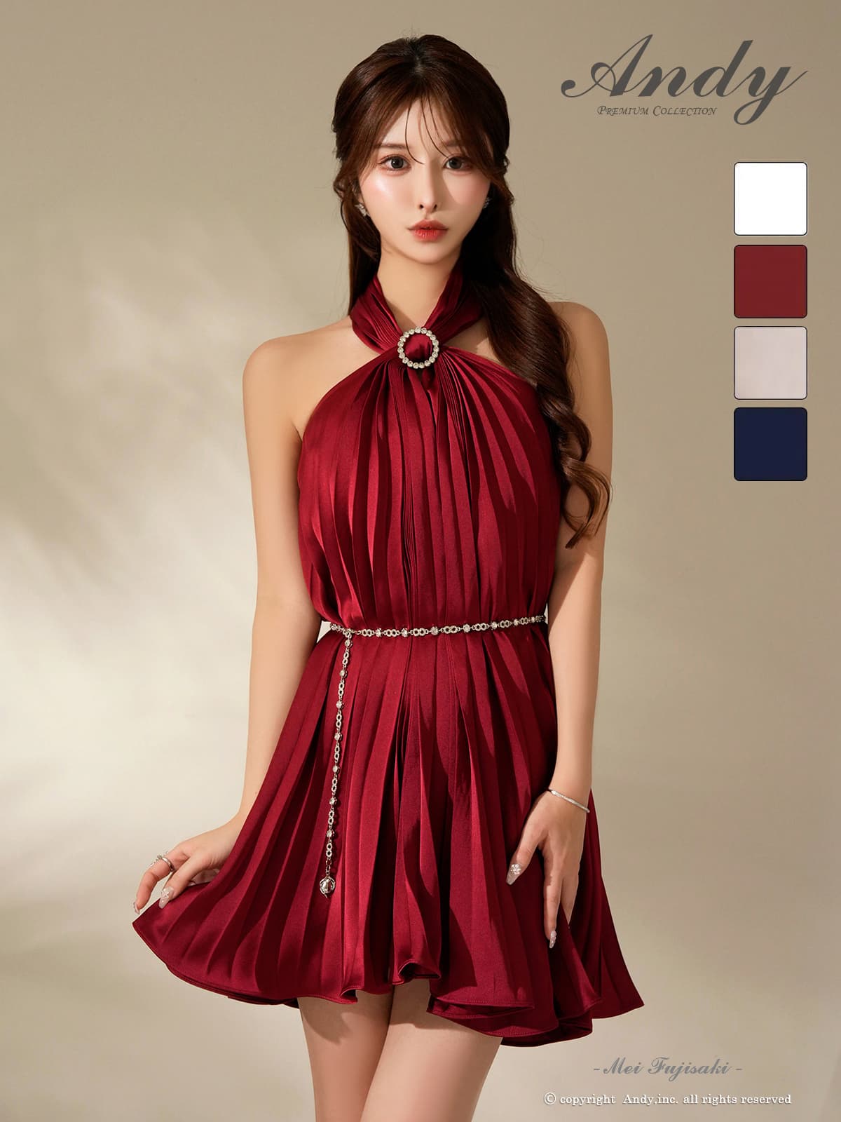 ホルターネック ビジュー チェーンベルト シフォン プリーツ フレアニドレスのメイン画像2