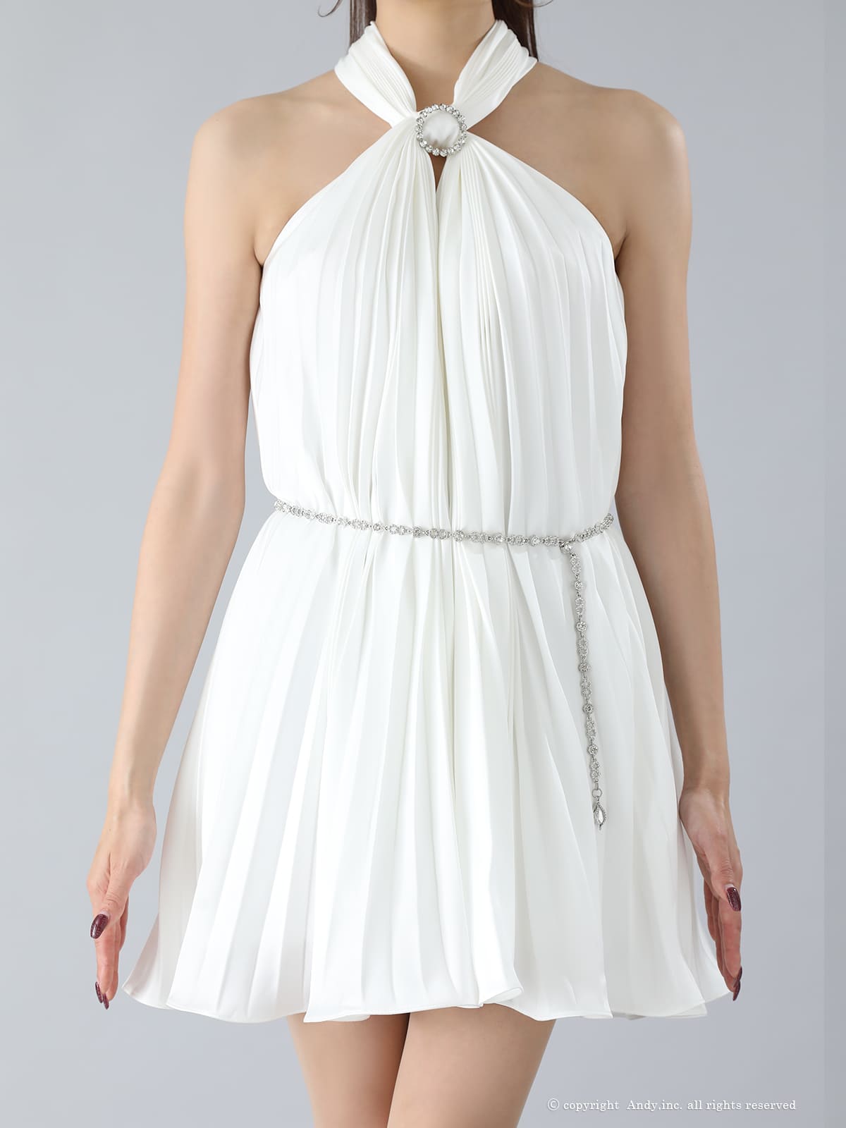 ホルターネック ビジュー チェーンベルト シフォン プリーツ フレアニドレスの全身バック画像1