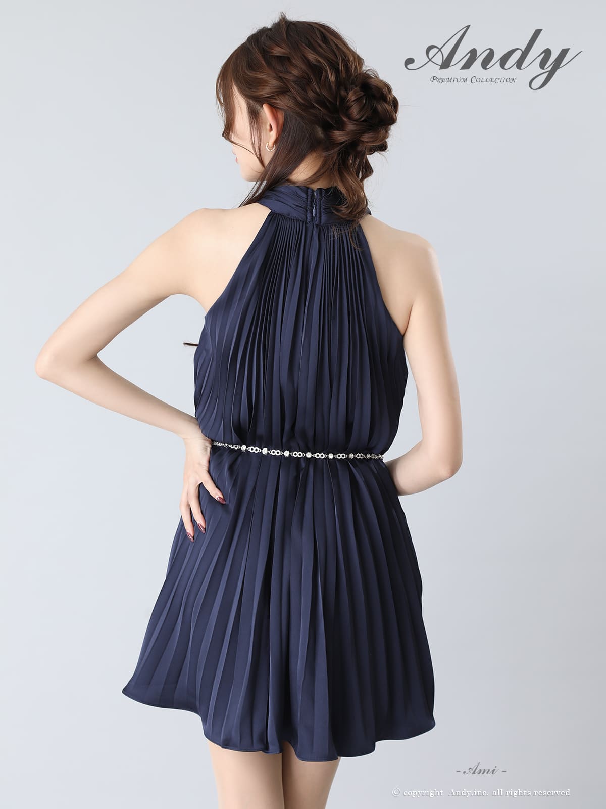 ホルターネック ビジュー チェーンベルト シフォン プリーツ フレアニドレスの詳細画像3