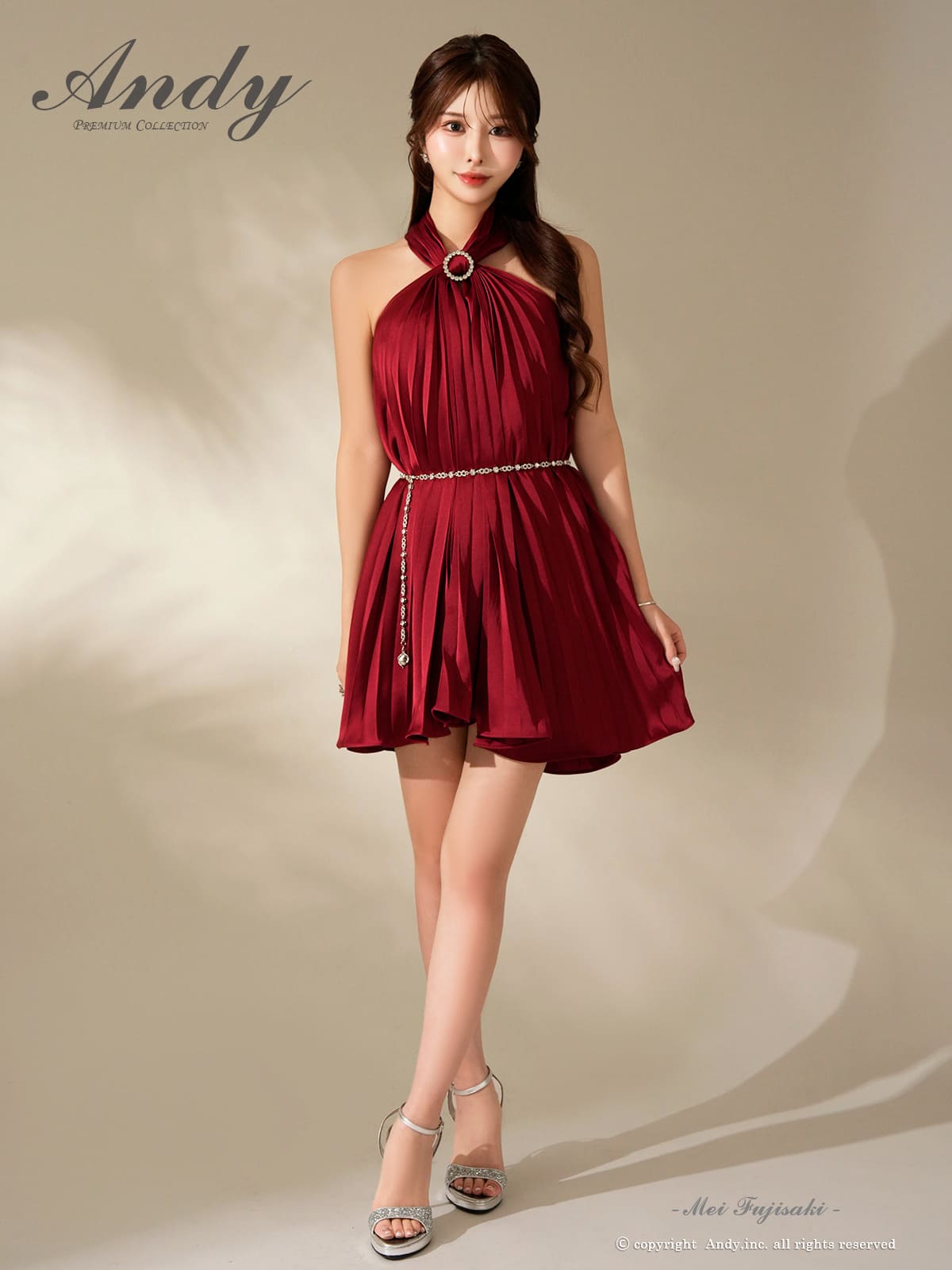 ホルターネック ビジュー チェーンベルト シフォン プリーツ フレアニドレスの詳細画像3