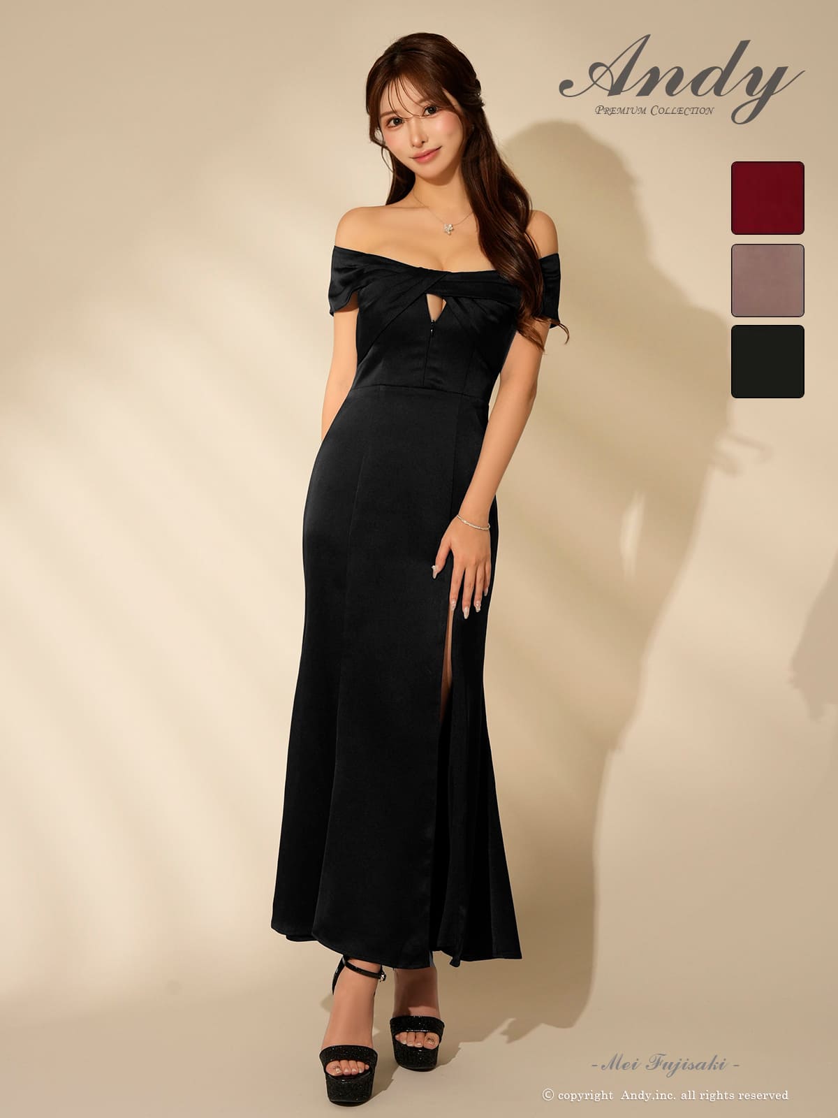 オフショルダー ジップデザイン スリット クロスデザイン タック タイトロングドレスのメイン画像2