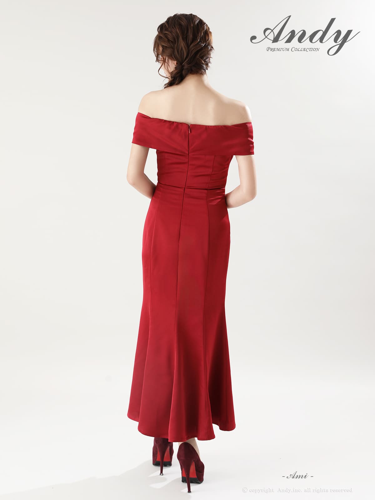 オフショルダー ジップデザイン スリット クロスデザイン タック タイトロングドレスの詳細画像1