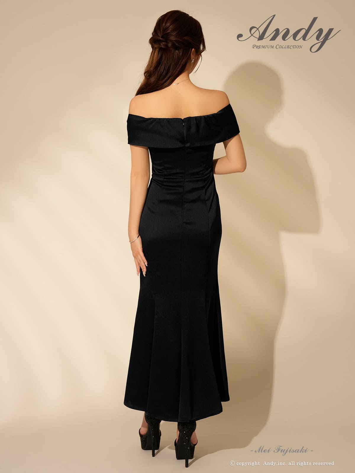 オフショルダー ジップデザイン スリット クロスデザイン タック タイトロングドレスの詳細画像1