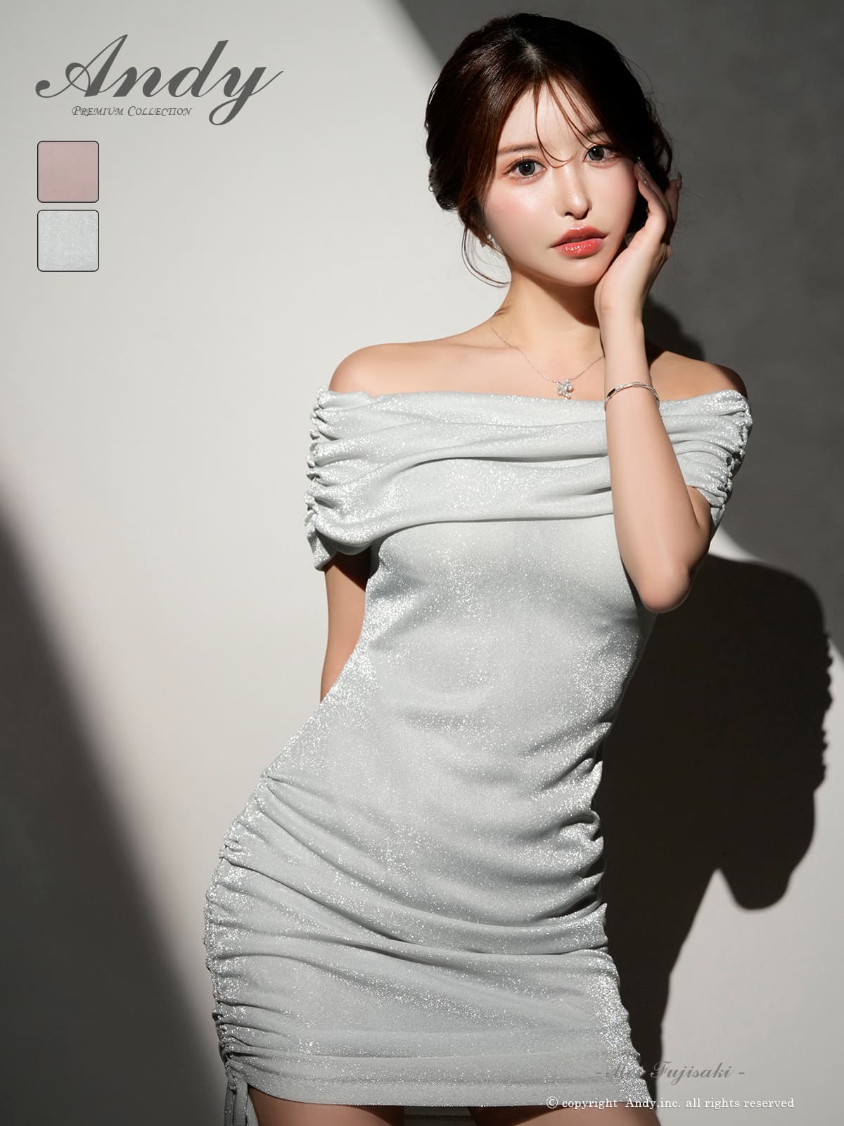 オフショルダー ラメ ギャザー ドロスト リボン タイトミニドレスのメイン画像1