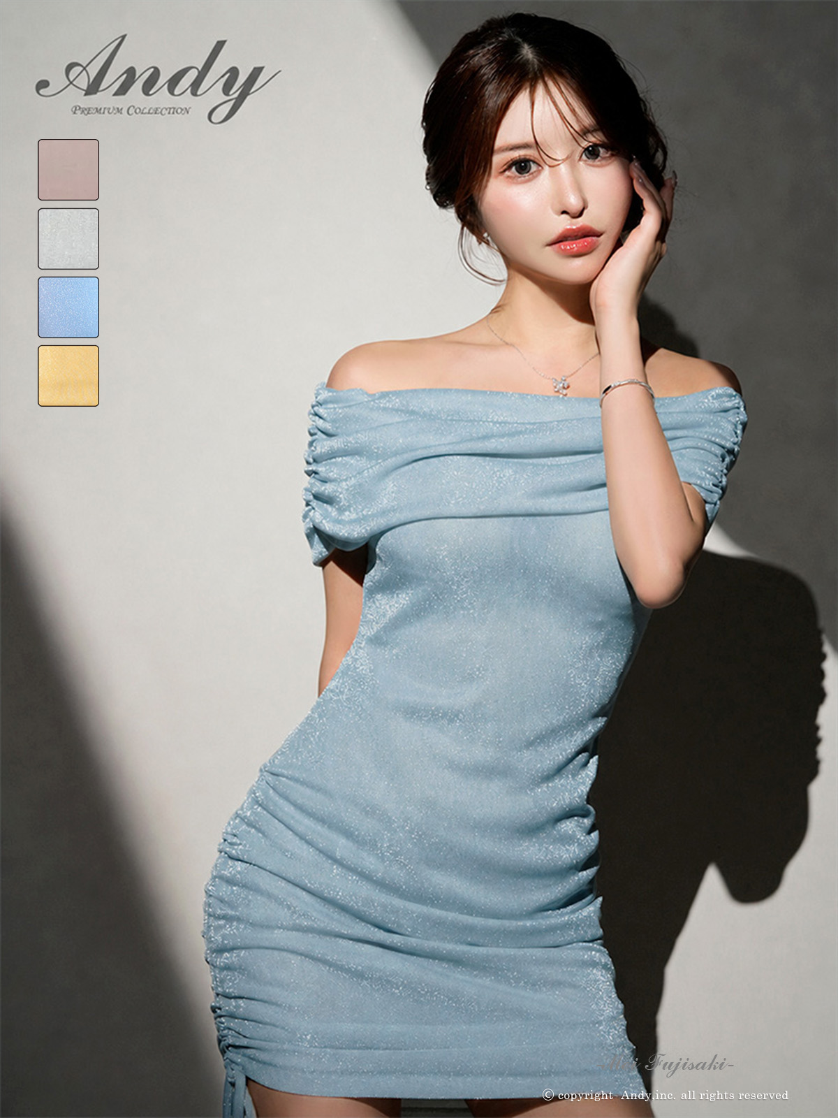 オフショルダー ラメ ギャザー ドロスト リボン タイトミニドレスのメイン画像4