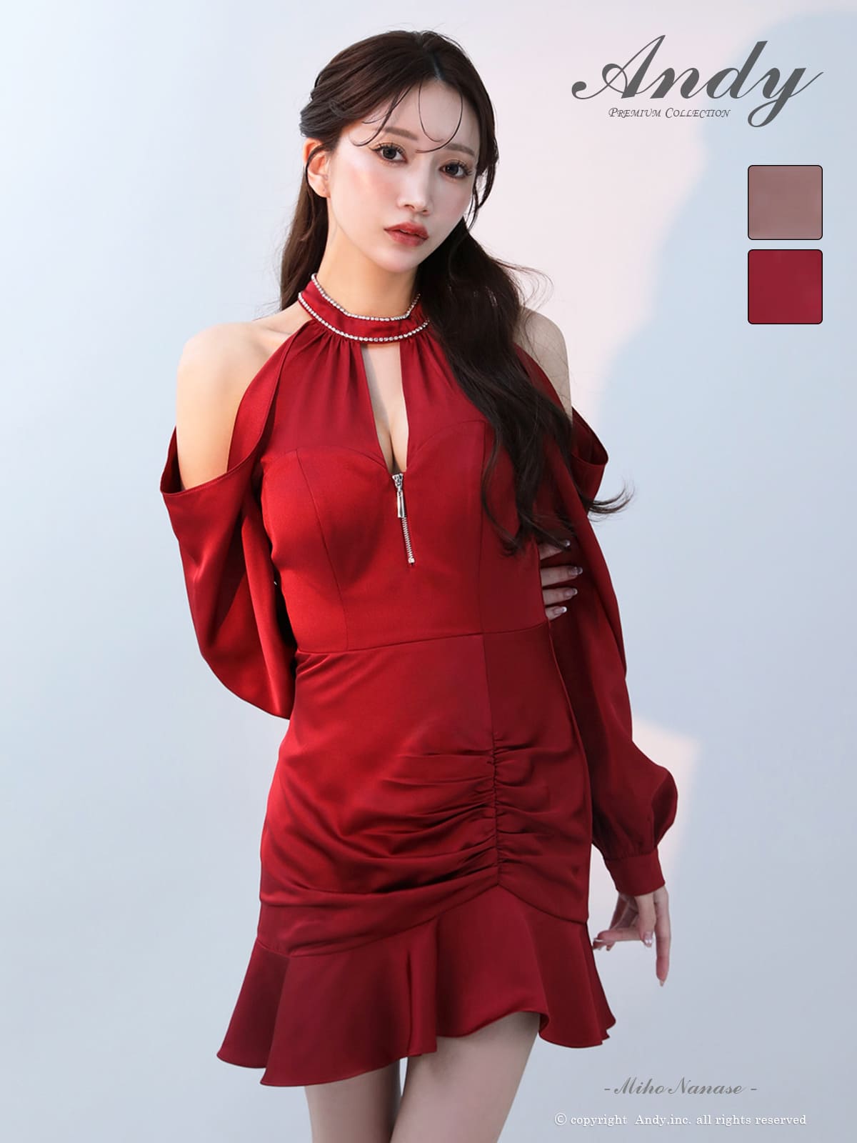 長袖 肩あき ジップデザイン 裾フリル ビジュー ギャザー ラインストーン バストカット バックカット タイトミニドレスのメイン画像2