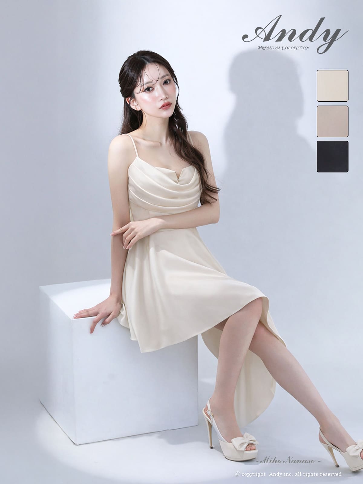 キャミソール ジップデザイン ドレープ アシンメトリー サテン ワンカラー フレアミニドレスのメイン画像1