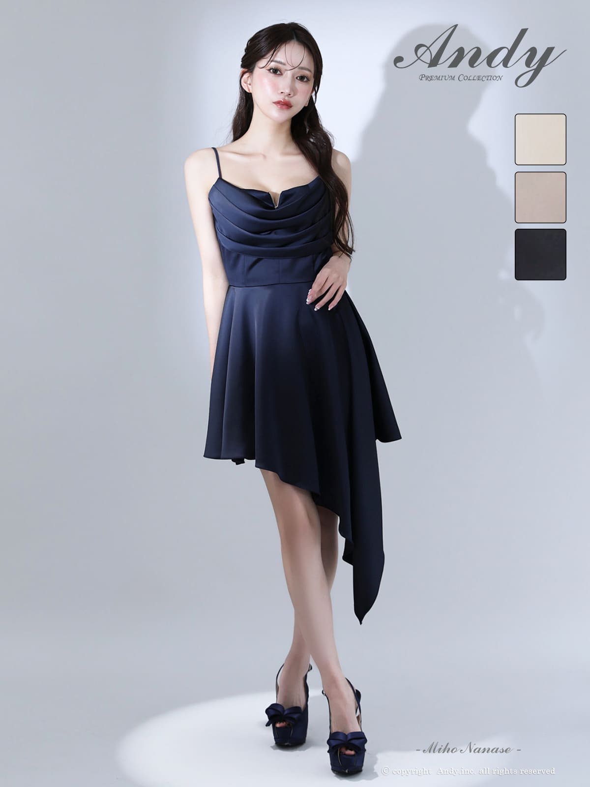 キャミソール ジップデザイン ドレープ アシンメトリー サテン ワンカラー フレアミニドレスのメイン画像2