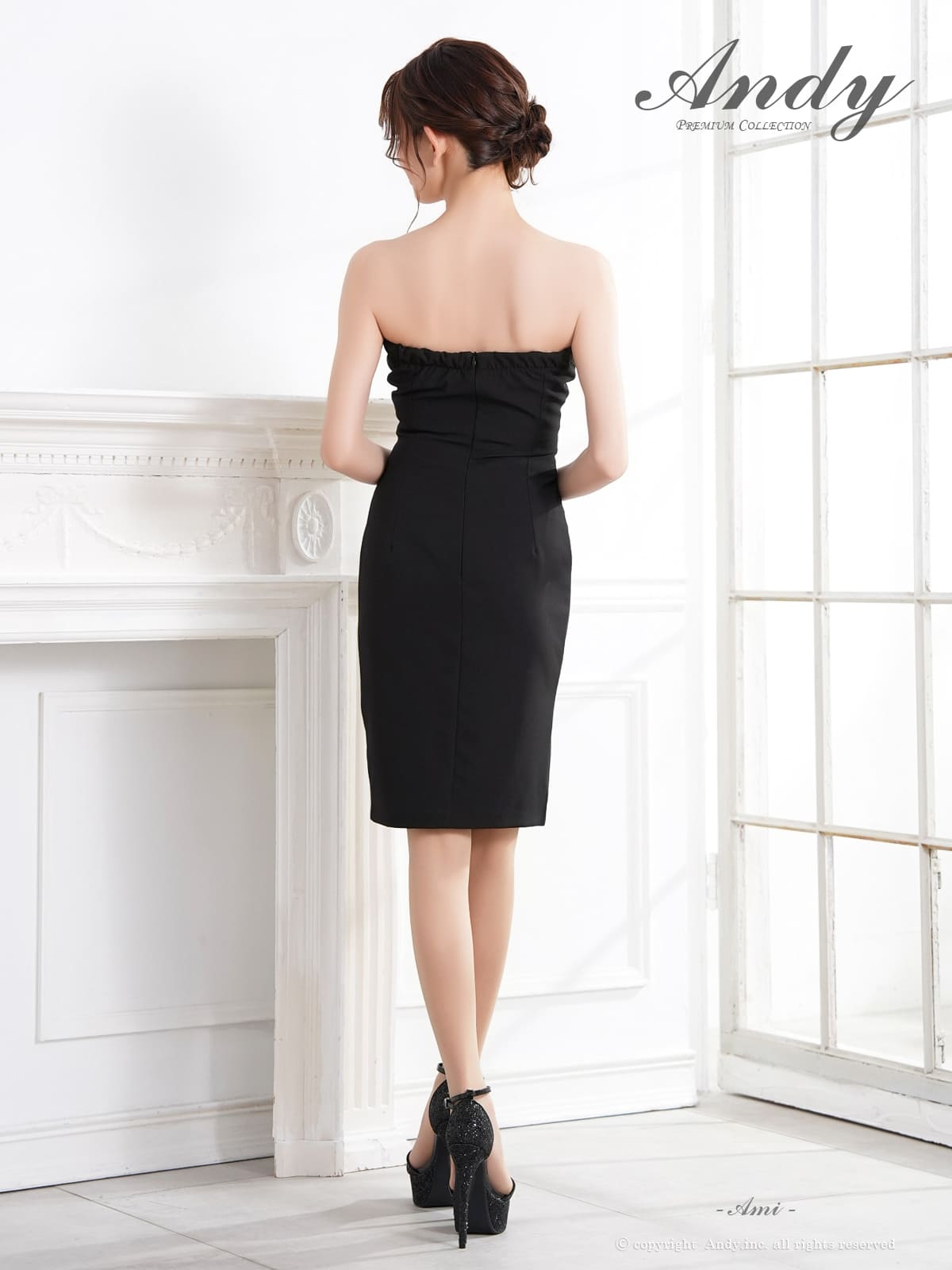 ベアトップ ワンカラー ダブルボタン スリット タイト 膝丈ドレスの詳細画像2