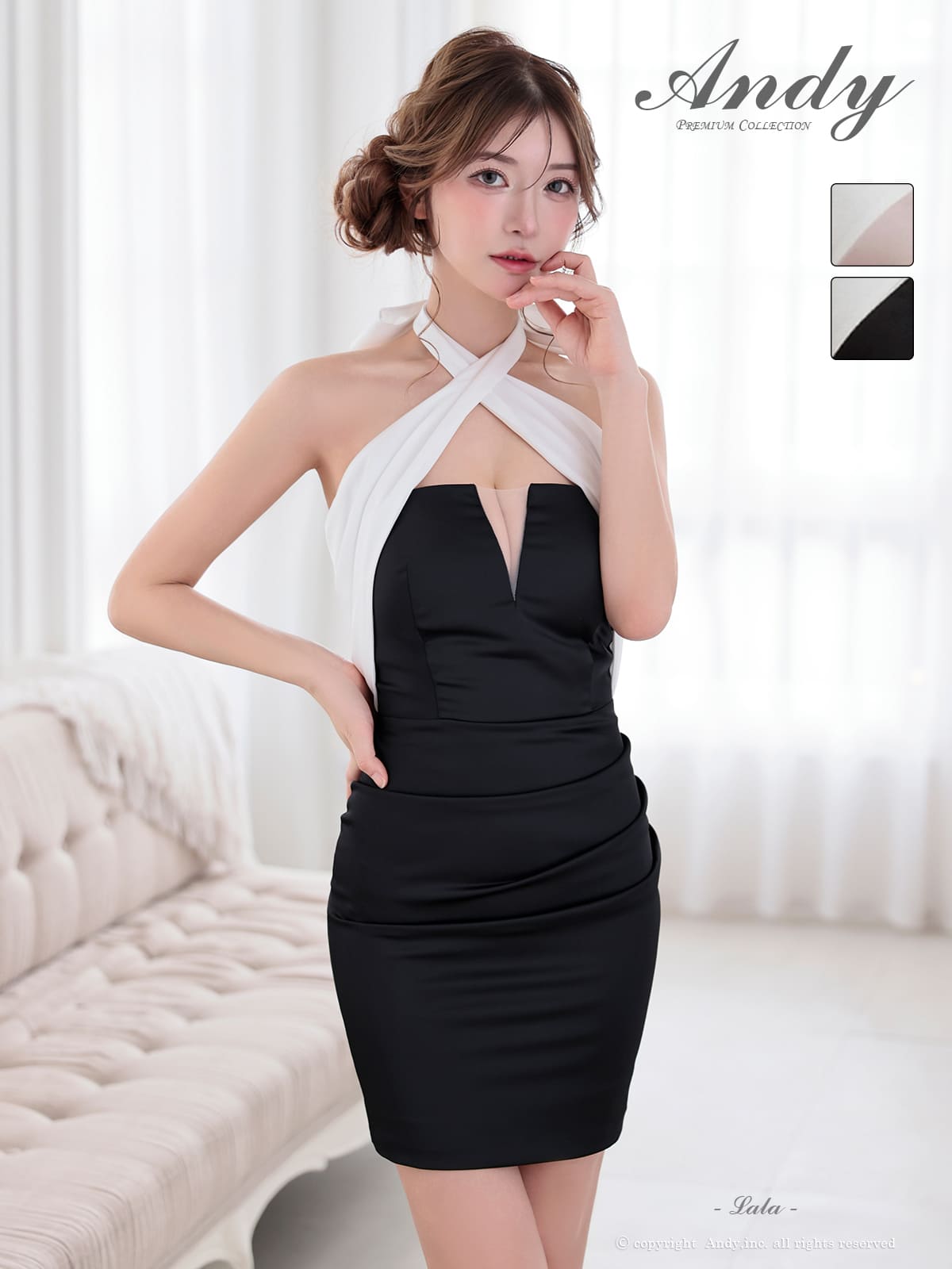 ホルターネック バストシースルー ネックリボン バイカラー クロスデザイン タイトミニドレスのメイン画像1