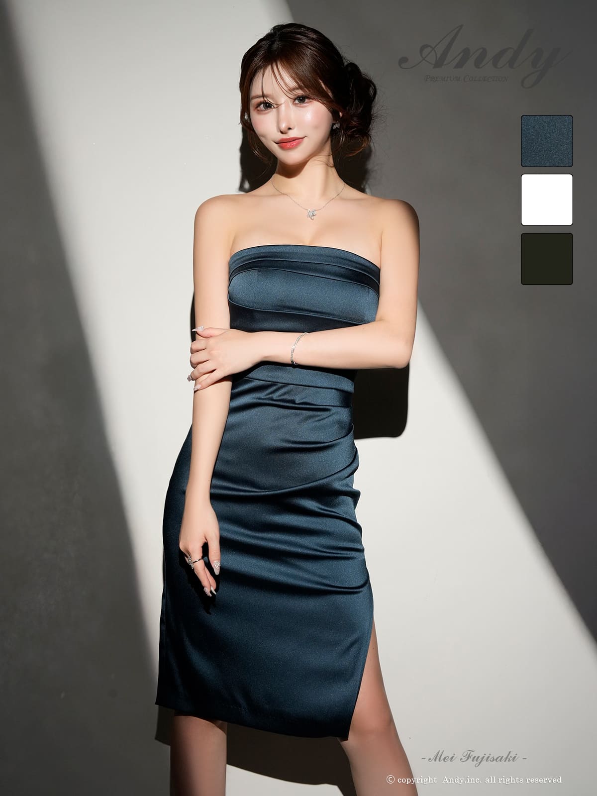 ベアトップ タック ワンカラー スリット タイト 膝丈ドレスのメイン画像1