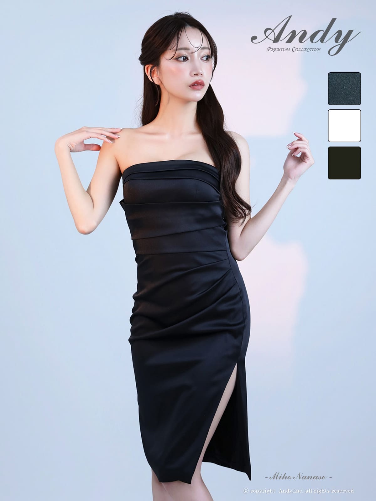 ベアトップ タック ワンカラー スリット タイト 膝丈ドレスのメイン画像2