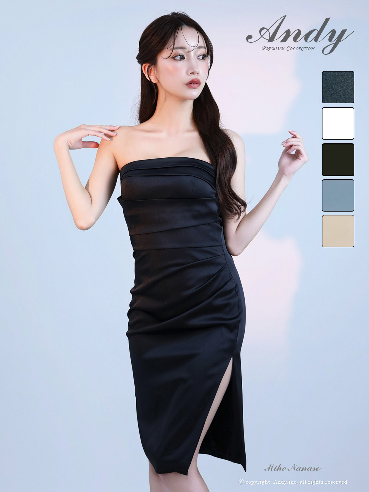 ベアトップ タック ワンカラー スリット タイト 膝丈ドレスのメイン画像2