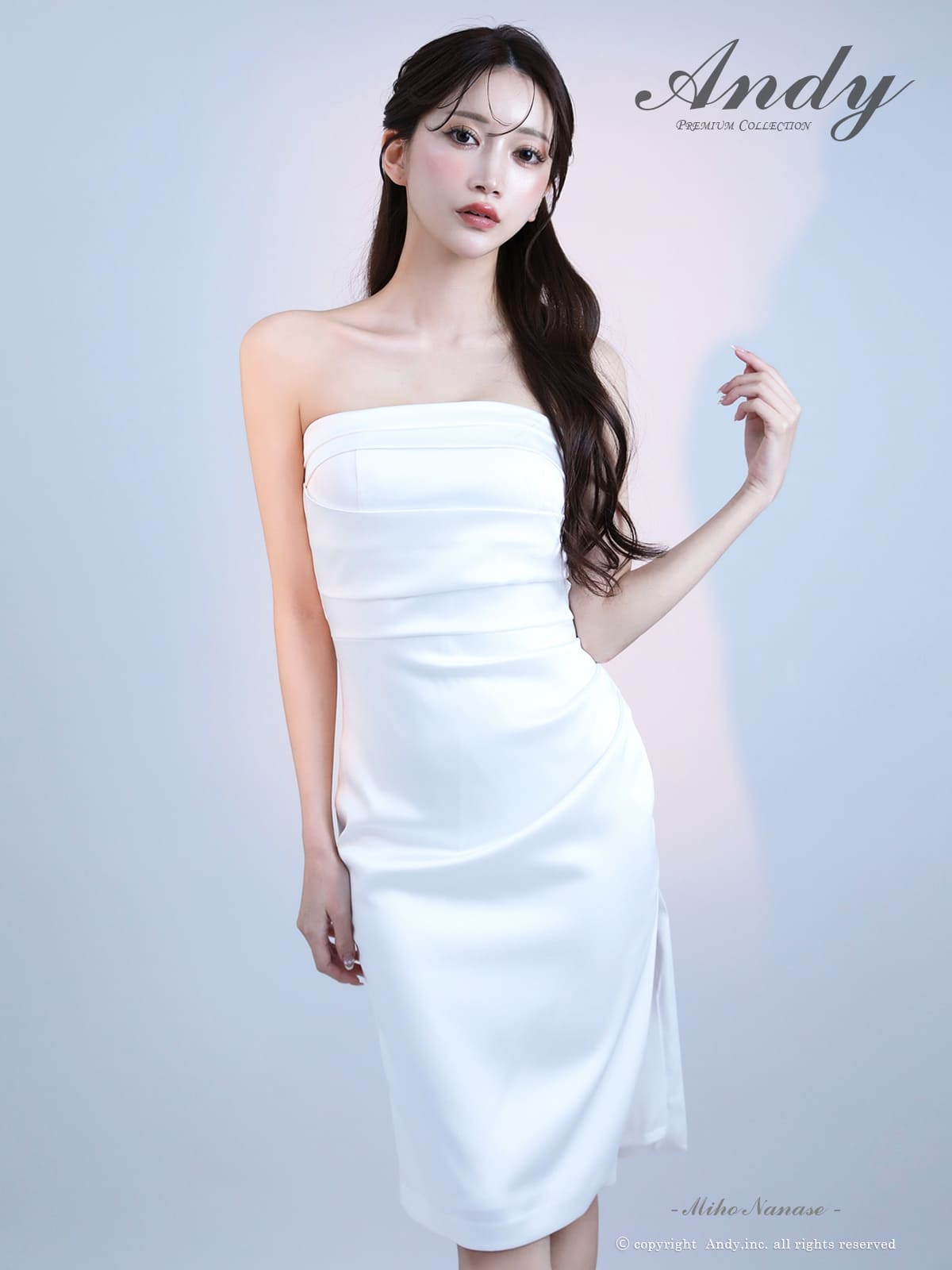 ベアトップ タック ワンカラー スリット タイト 膝丈ドレスの詳細画像2