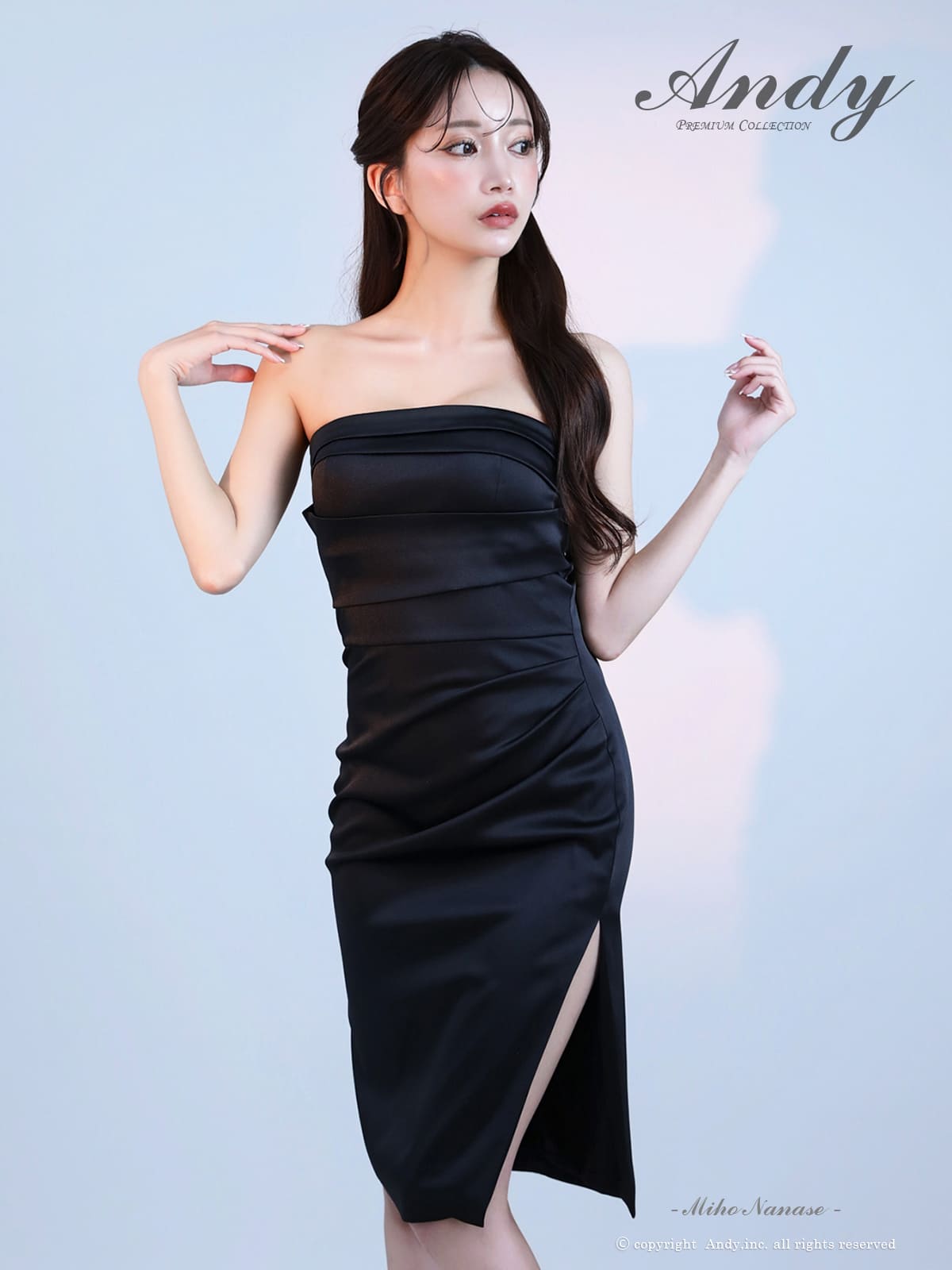 ベアトップ タック ワンカラー スリット タイト 膝丈ドレスの詳細画像3