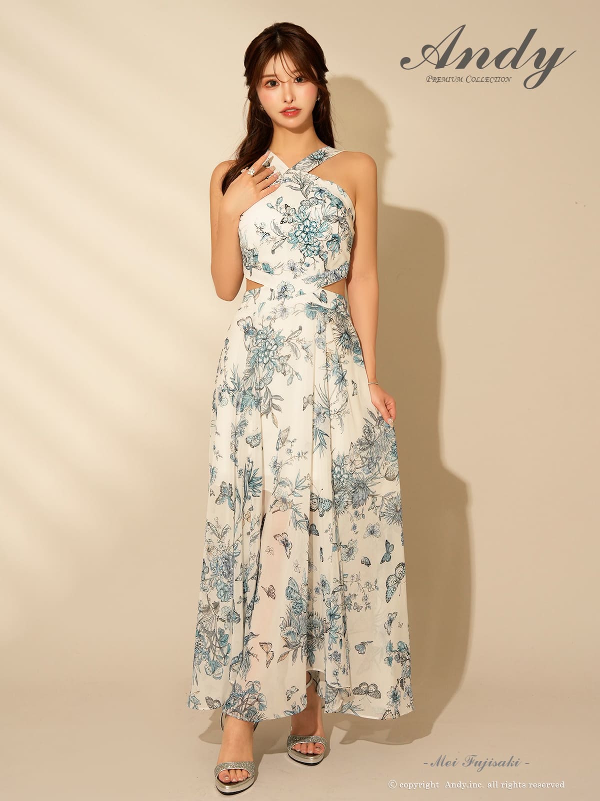 ホルターネック ウエストカット 花柄 プリント シースルー Aラインロングドレスの全身フロント画像1