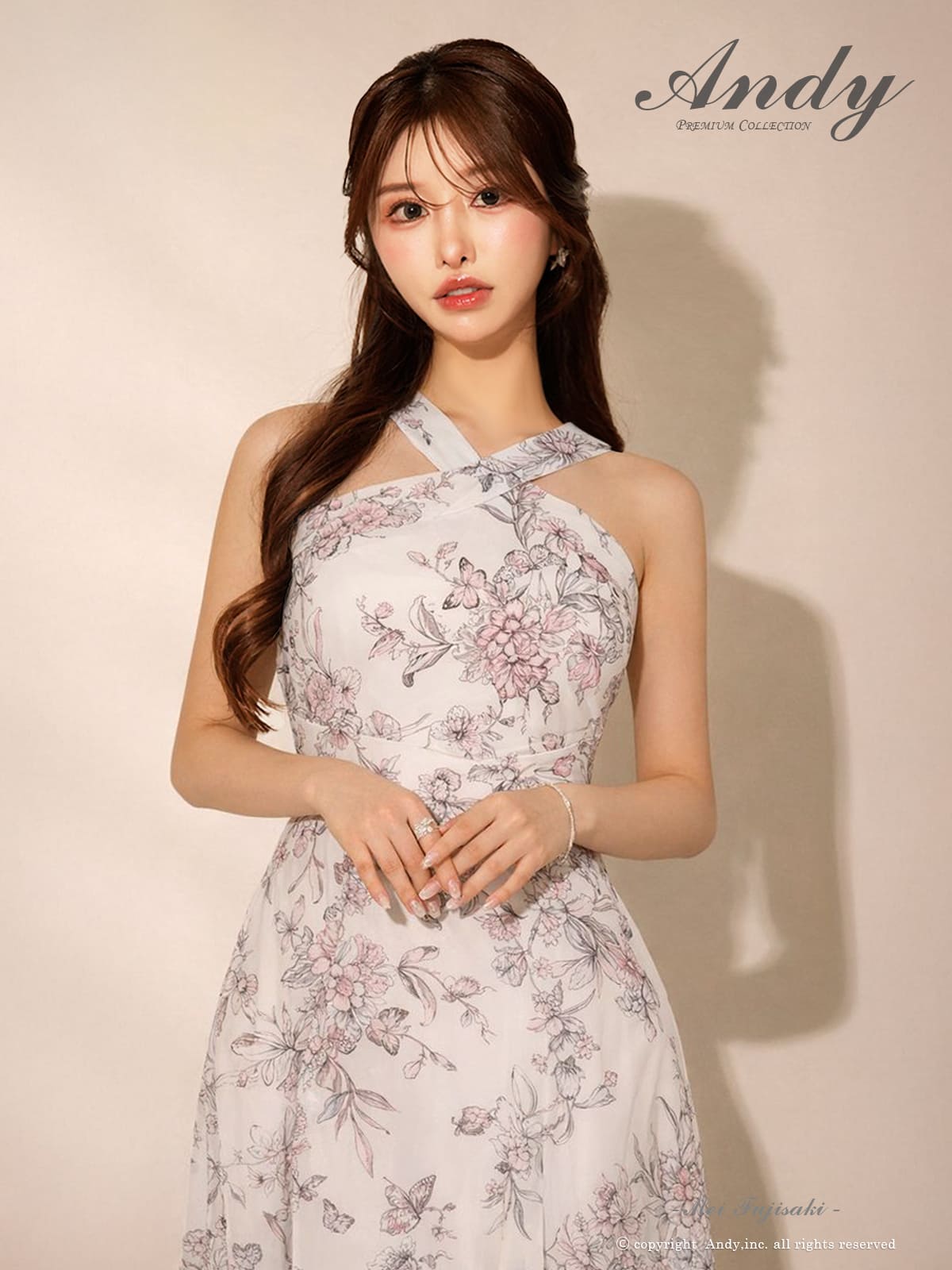 ホルターネック ウエストカット 花柄 プリント シースルー Aラインロングドレスの詳細画像1