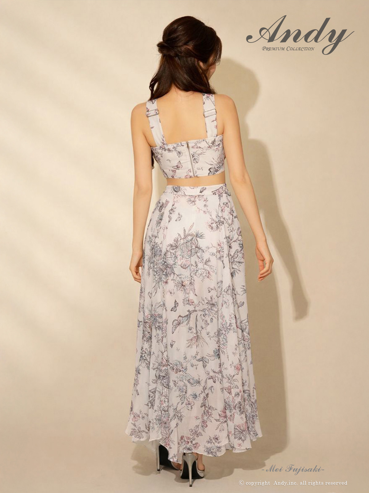 ホルターネック ウエストカット 花柄 プリント シースルー Aラインロングドレスの詳細画像1