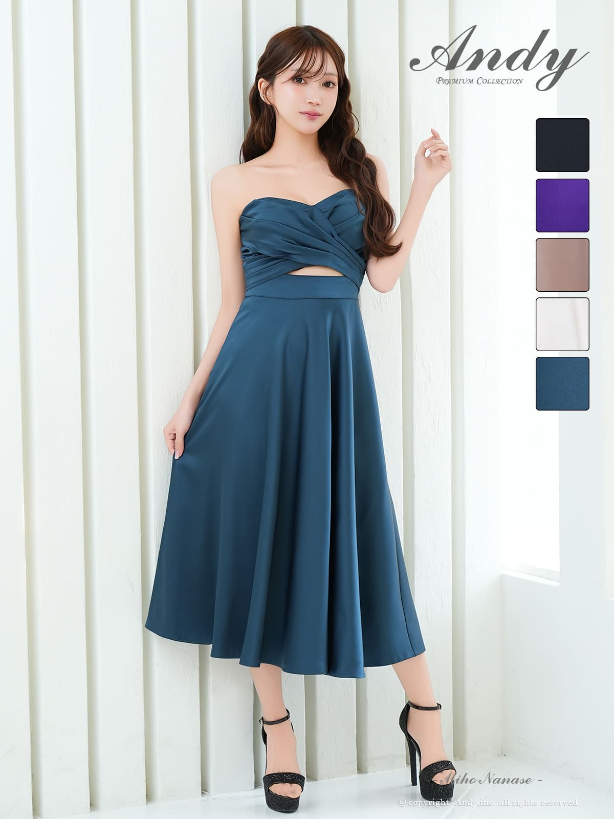 ベアトップ クロスデザイン ウエストカット ミモレ丈 Aラインロングドレスのメイン画像2