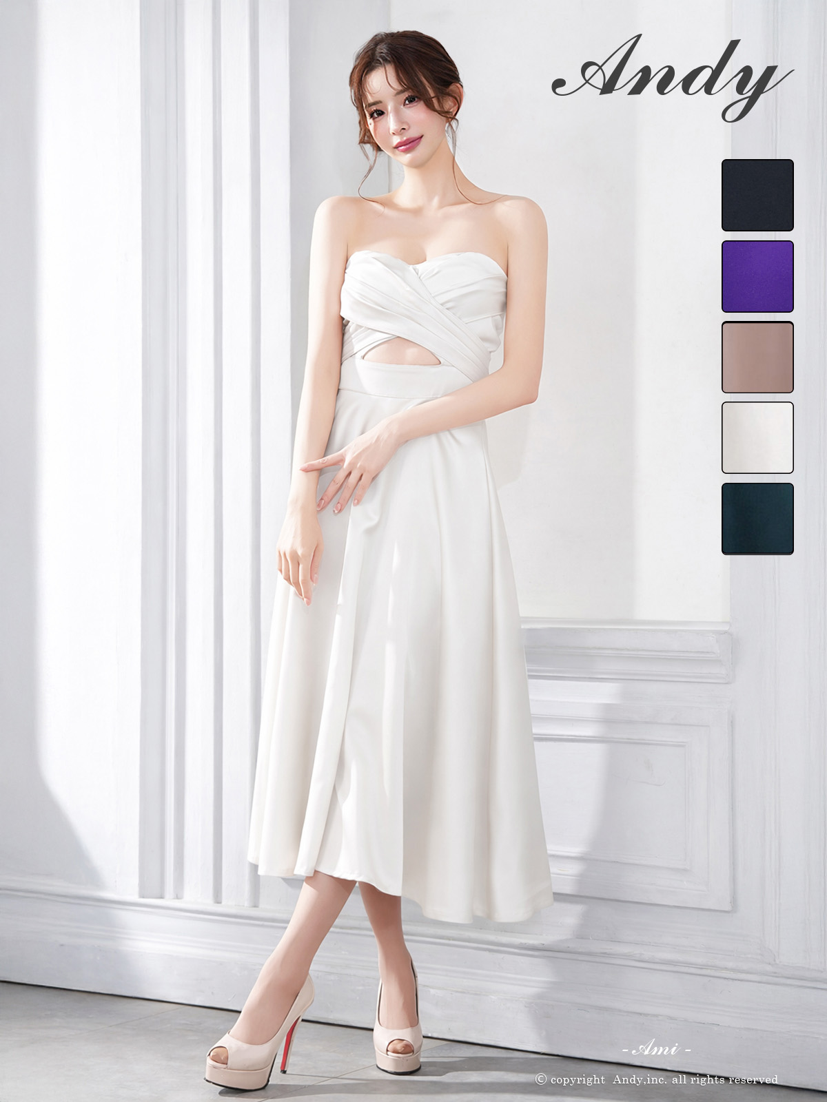 ベアトップ クロスデザイン ウエストカット ミモレ丈 Aラインロングドレスのメイン画像2