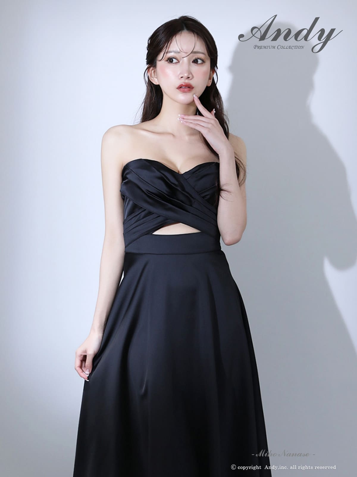 ベアトップ クロスデザイン ウエストカット ミモレ丈 Aラインロングドレスの詳細画像1