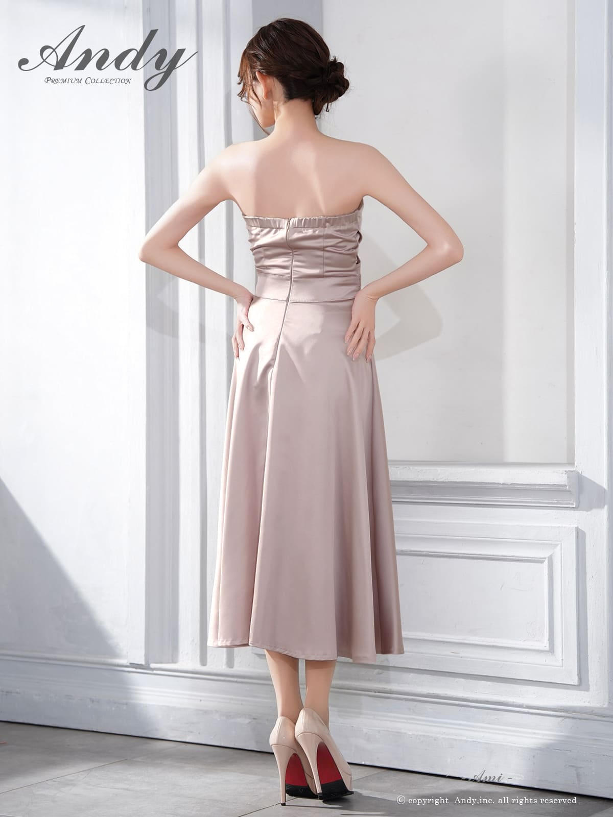 ベアトップ クロスデザイン ウエストカット ミモレ丈 Aラインロングドレスの詳細画像1