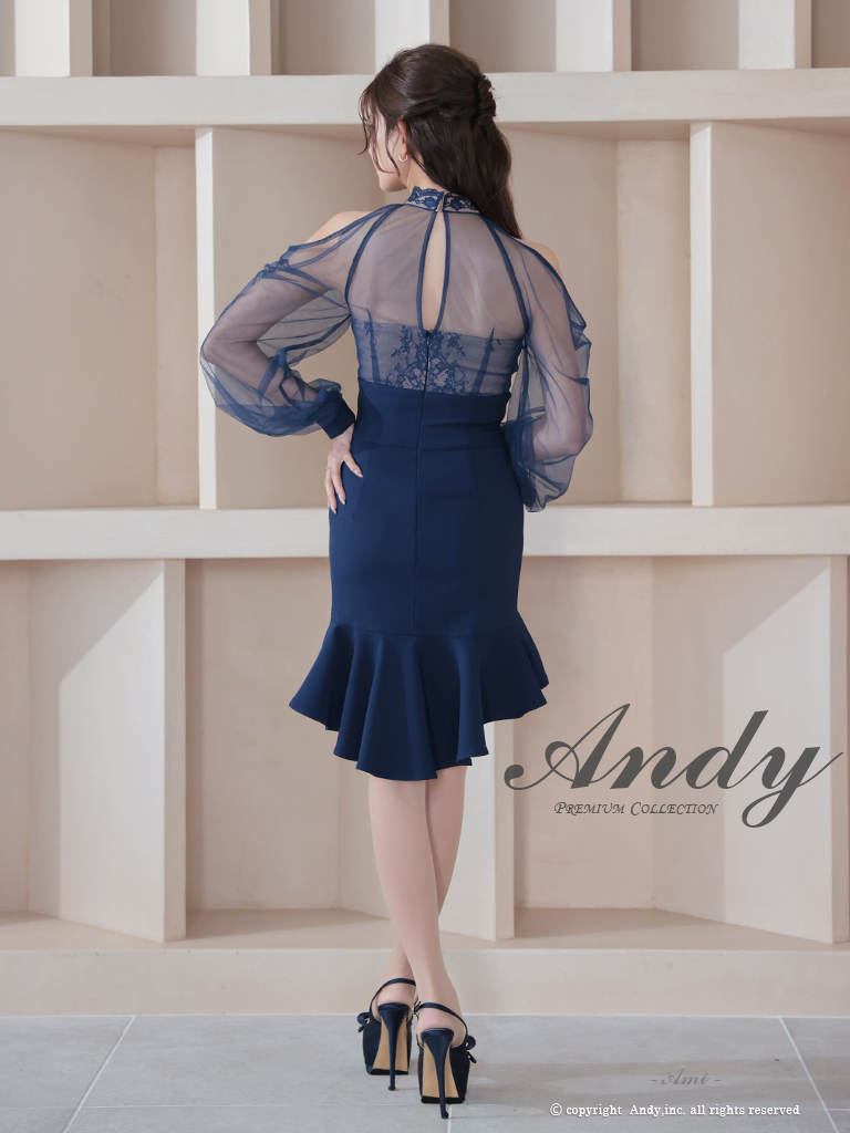 長袖 肩あき バストカット シアー パフスリーブ レース マーメイド タイトミニドレスの全身サイド画像1