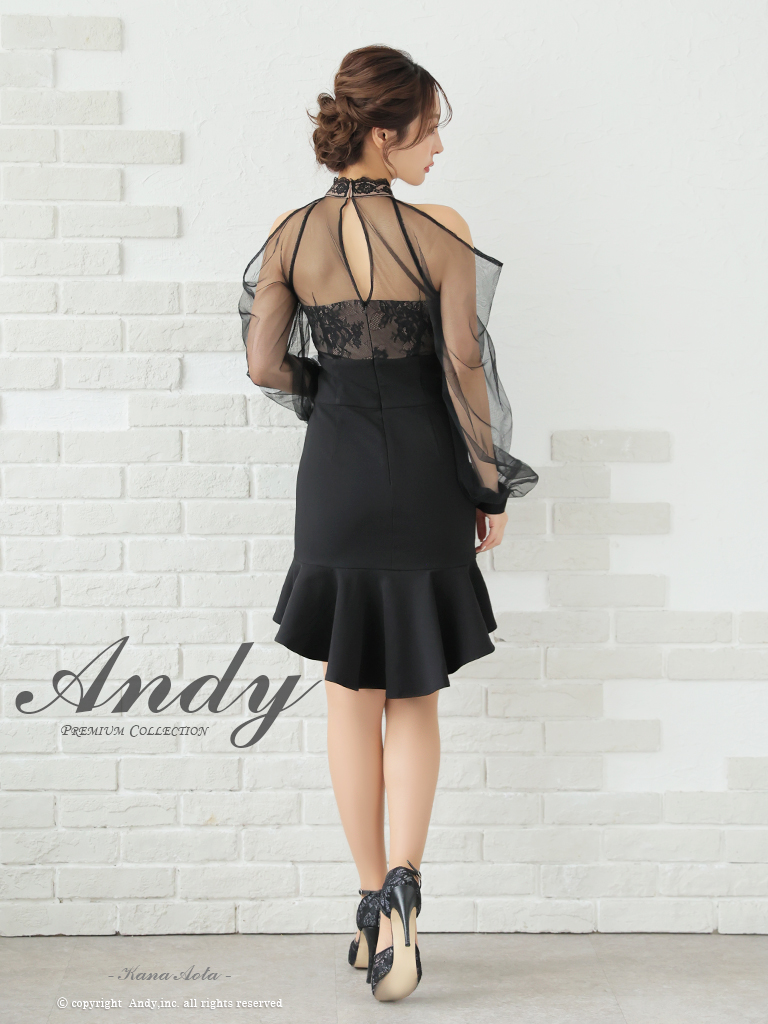 長袖 肩あき バストカット シアー パフスリーブ レース マーメイド タイトミニドレスの詳細画像2