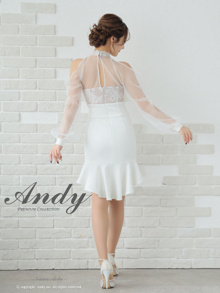 長袖 肩あき バストカット シアー パフスリーブ レース マーメイド タイトミニドレスの詳細画像2