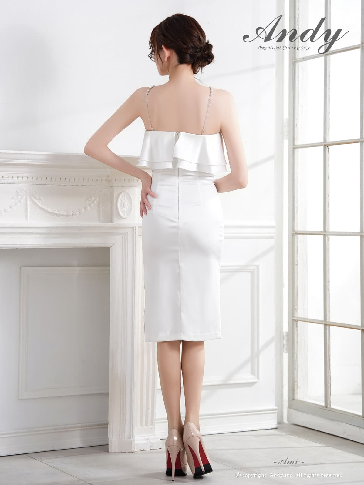 ホルターネック ビジュー フリル スリット タイト 膝丈ドレスの詳細画像1