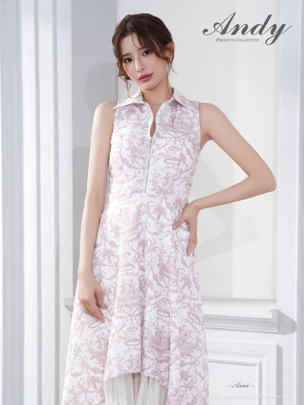 ノースリーブ ジップデザイン 襟付き ペチコート プリント テールカット Aラインロングドレスの詳細画像1