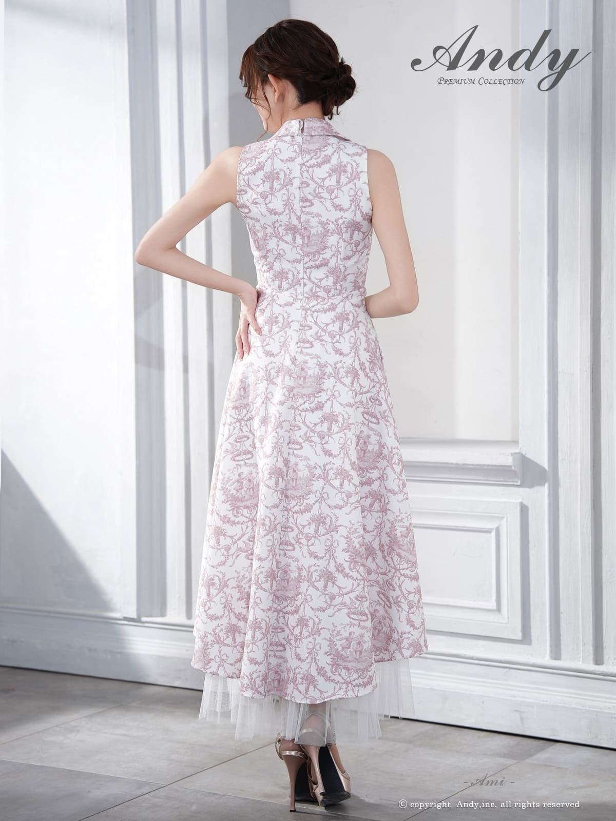 ノースリーブ ジップデザイン 襟付き ペチコート プリント テールカット Aラインロングドレスの詳細画像1