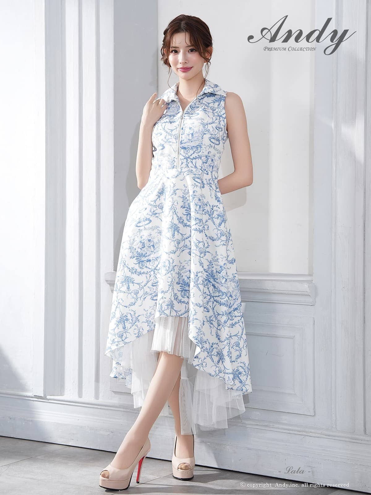 ノースリーブ ジップデザイン 襟付き ペチコート プリント テールカット Aラインロングドレスの詳細画像1