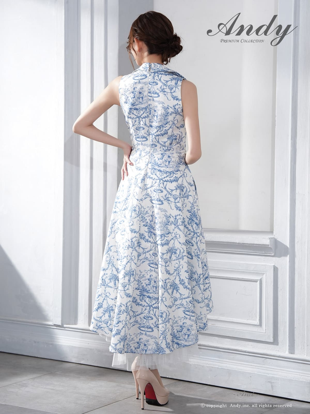 ノースリーブ ジップデザイン 襟付き ペチコート プリント テールカット Aラインロングドレスの詳細画像1