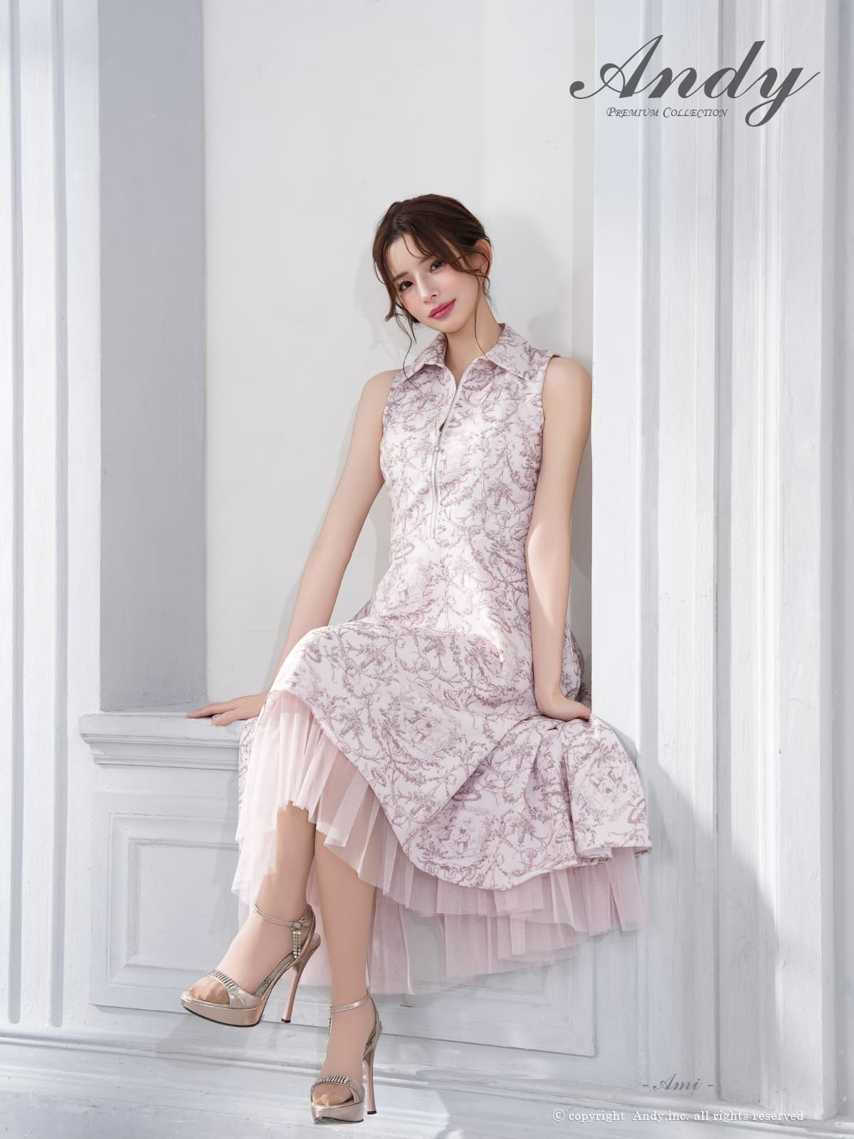 ノースリーブ ジップデザイン 襟付き ペチコート プリント テールカット Aラインロングドレスの詳細画像1