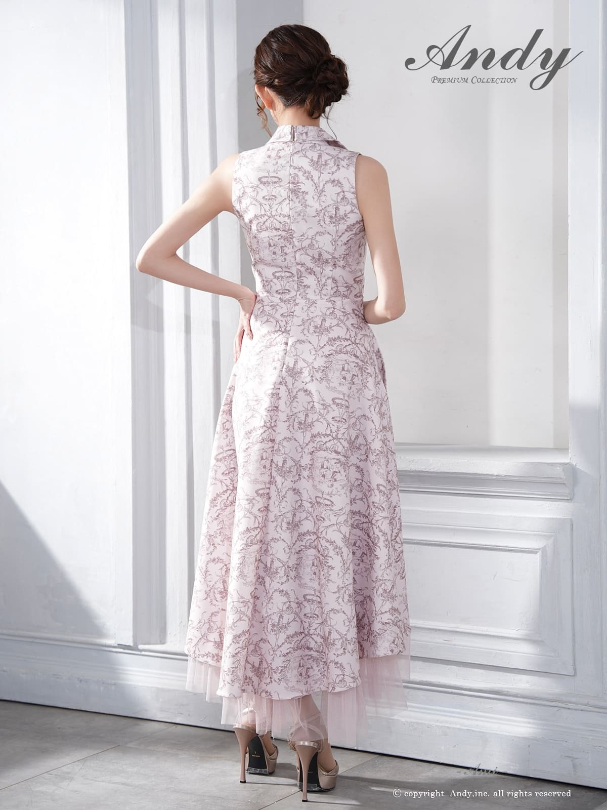 ノースリーブ ジップデザイン 襟付き ペチコート プリント テールカット Aラインロングドレスの詳細画像1