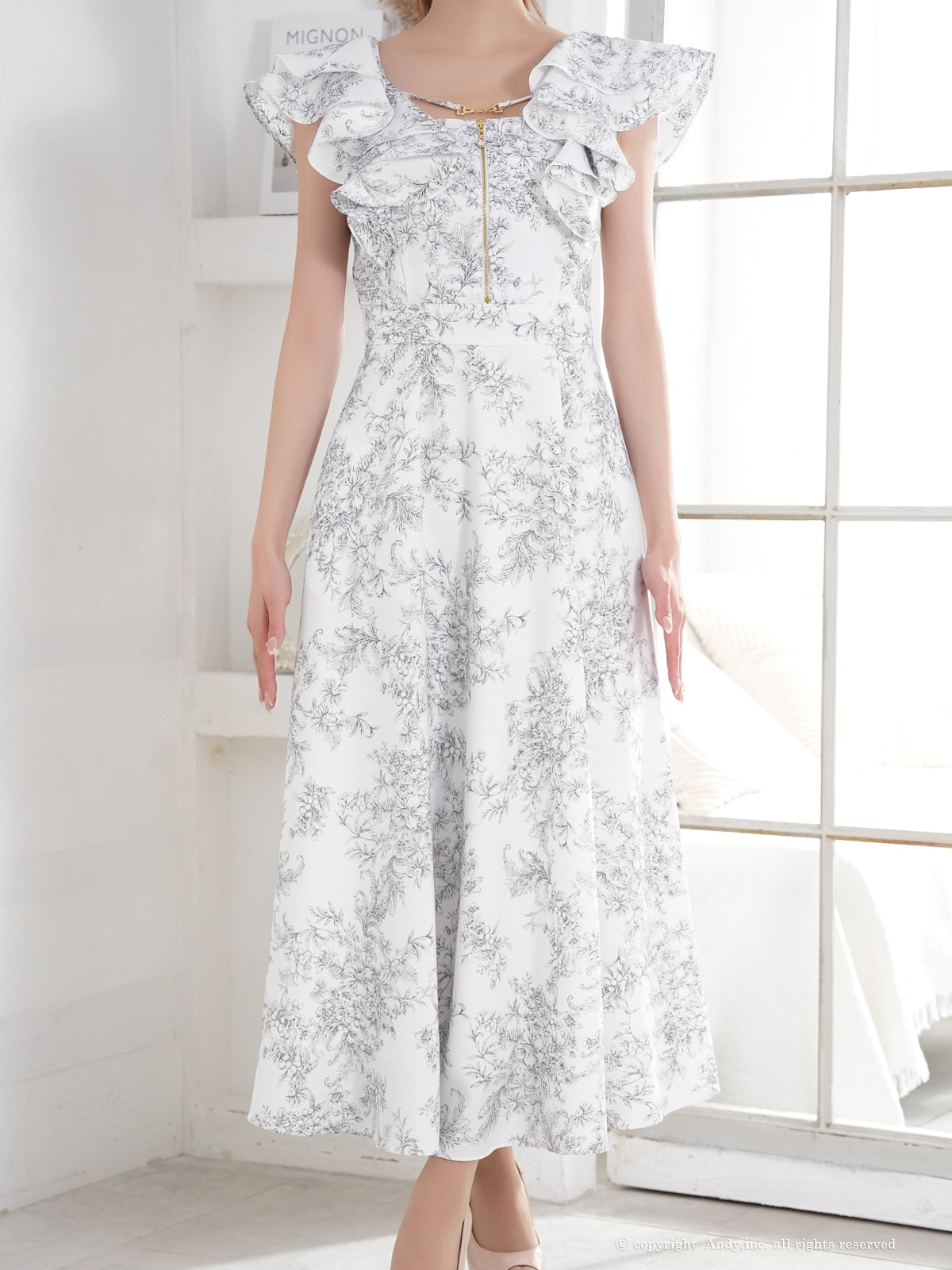 ノースリーブ ジップデザイン フリル チェーン フラワー プリント Aラインロングドレスの全身サイド画像1