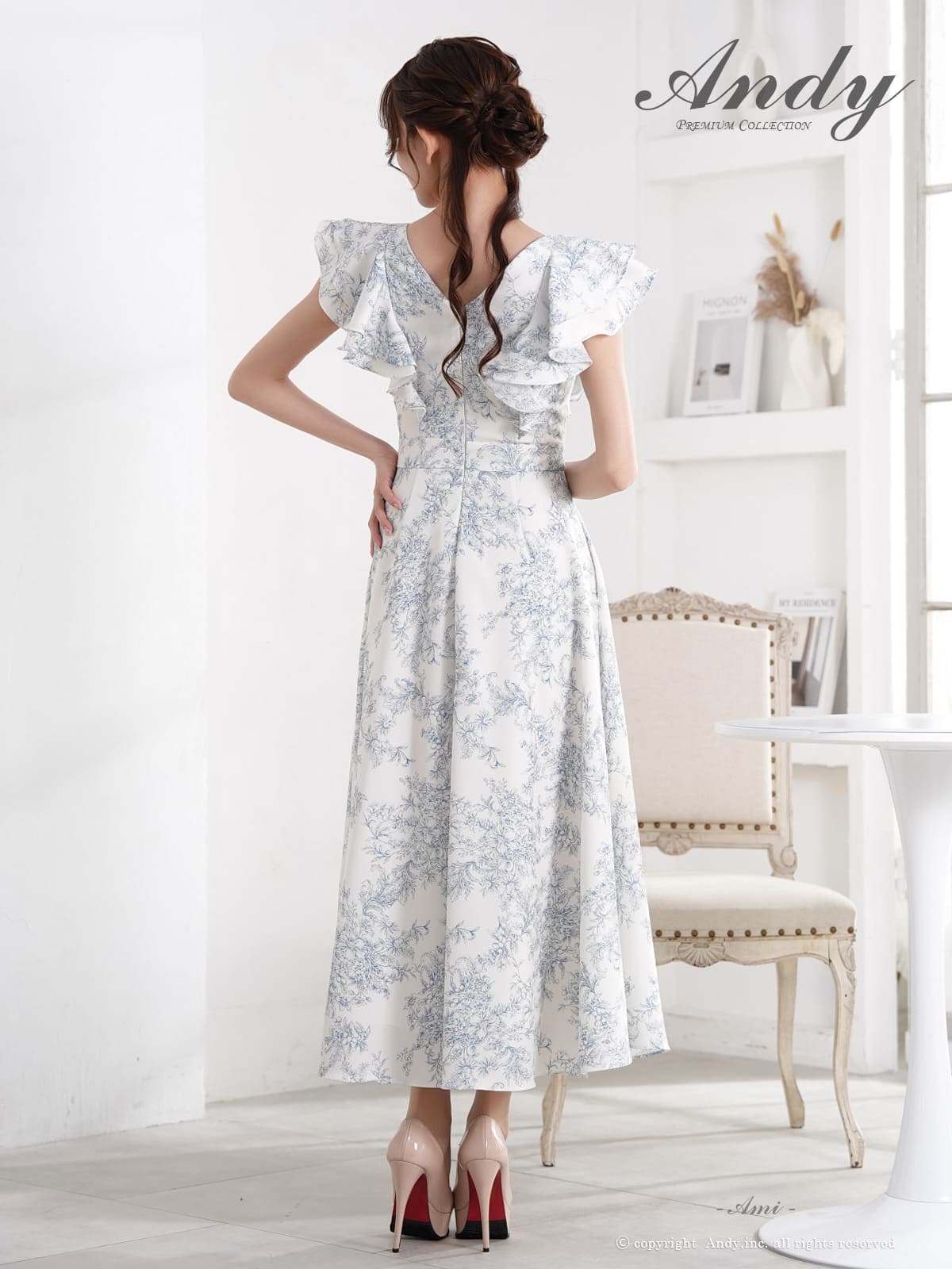 ノースリーブ ジップデザイン フリル チェーン フラワー プリント Aラインロングドレスの詳細画像1