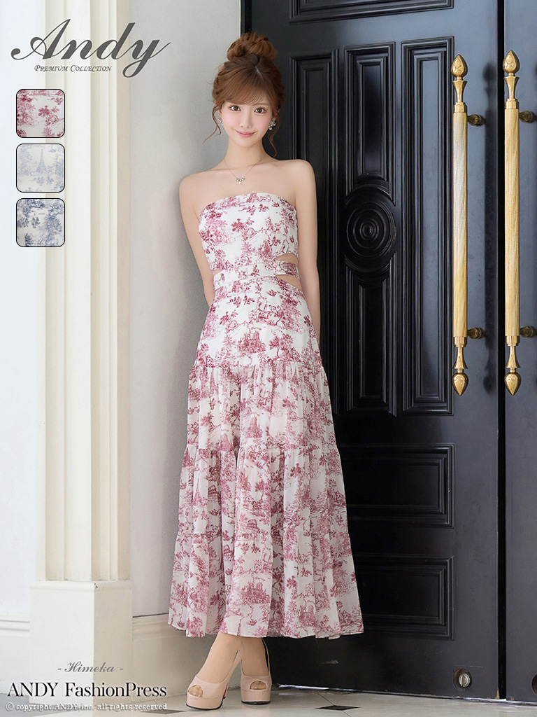 ベアトップ ウエストカット バックリボン 花柄 Aラインロングドレスのメイン画像1