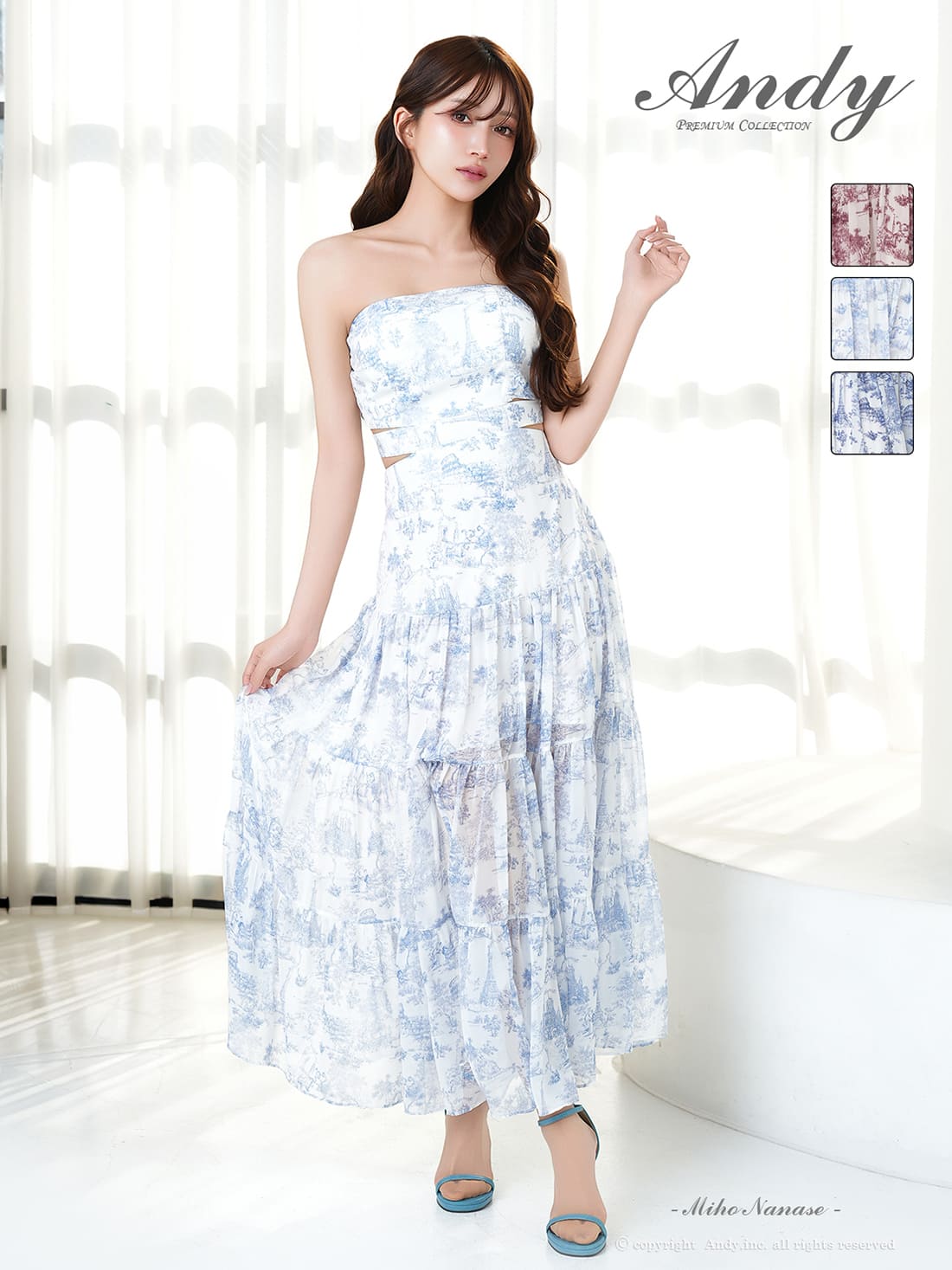 ベアトップ ウエストカット バックリボン 花柄 Aラインロングドレスのメイン画像2