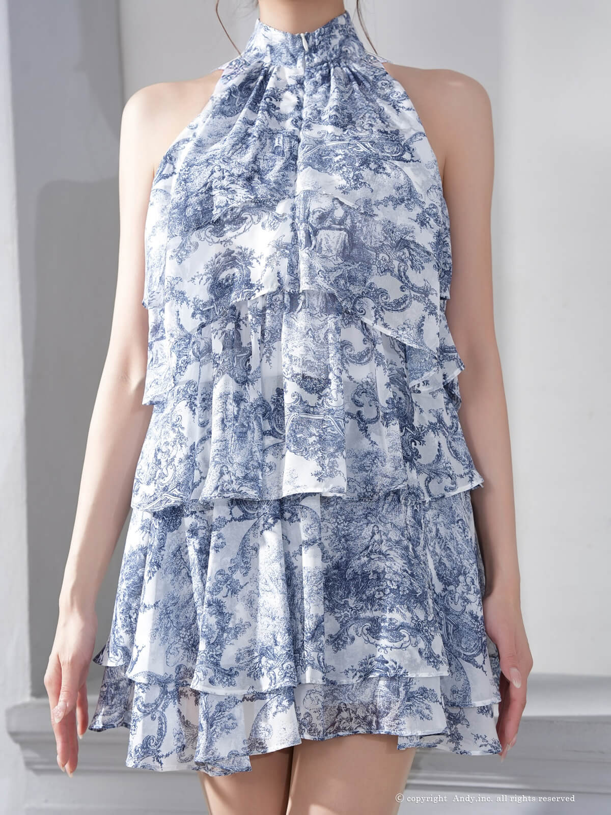 ノースリーブ セットアップ ティアード フリル シフォン アメリカンスリーブ フレアミニドレスの全身バック画像1