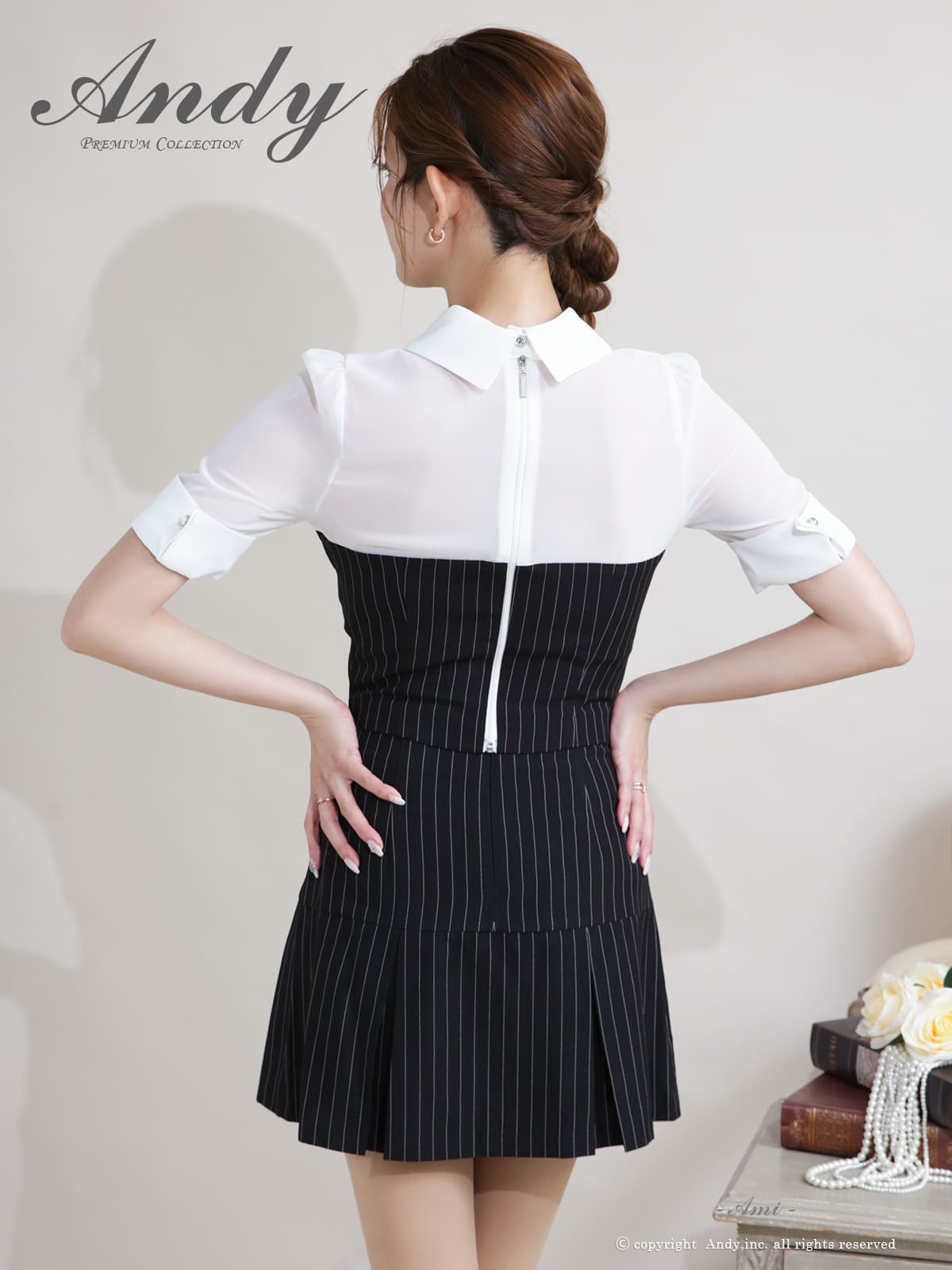 半袖 セットアップ 襟付き シースルー ストライプ ビジュー ボタン プリーツ フレアニドレスの全身サイド画像1