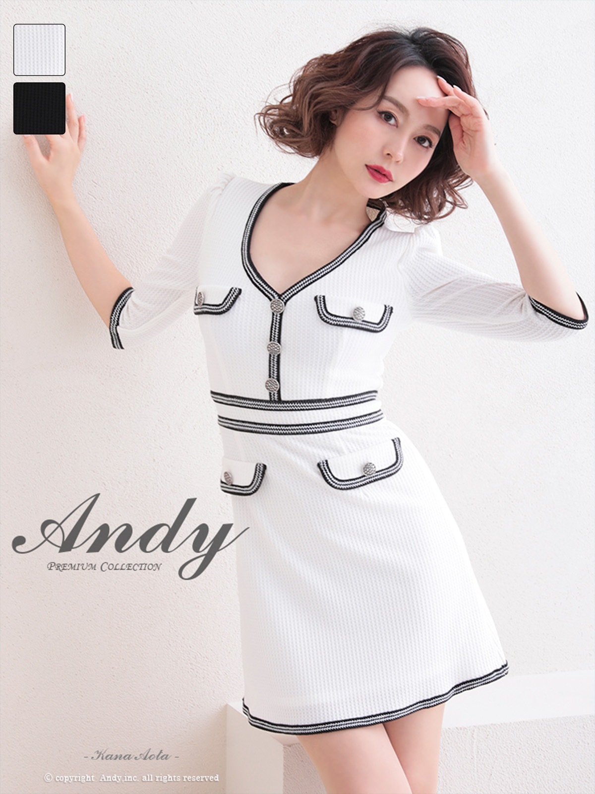 袖あり パイピング ポケット ボタン バイカラー フレアニドレスのメイン画像1