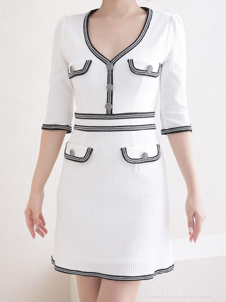 袖あり パイピング ポケット ボタン バイカラー フレアニドレスの詳細画像1