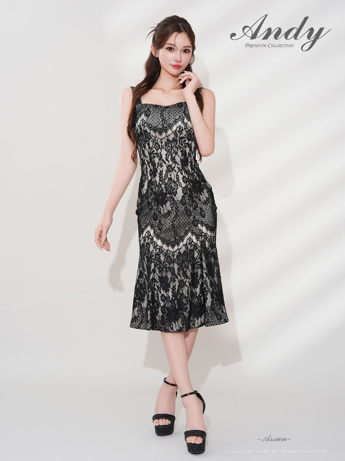 ノースリーブ レース シアー マーメイド 膝丈ドレスの全身フロント画像1