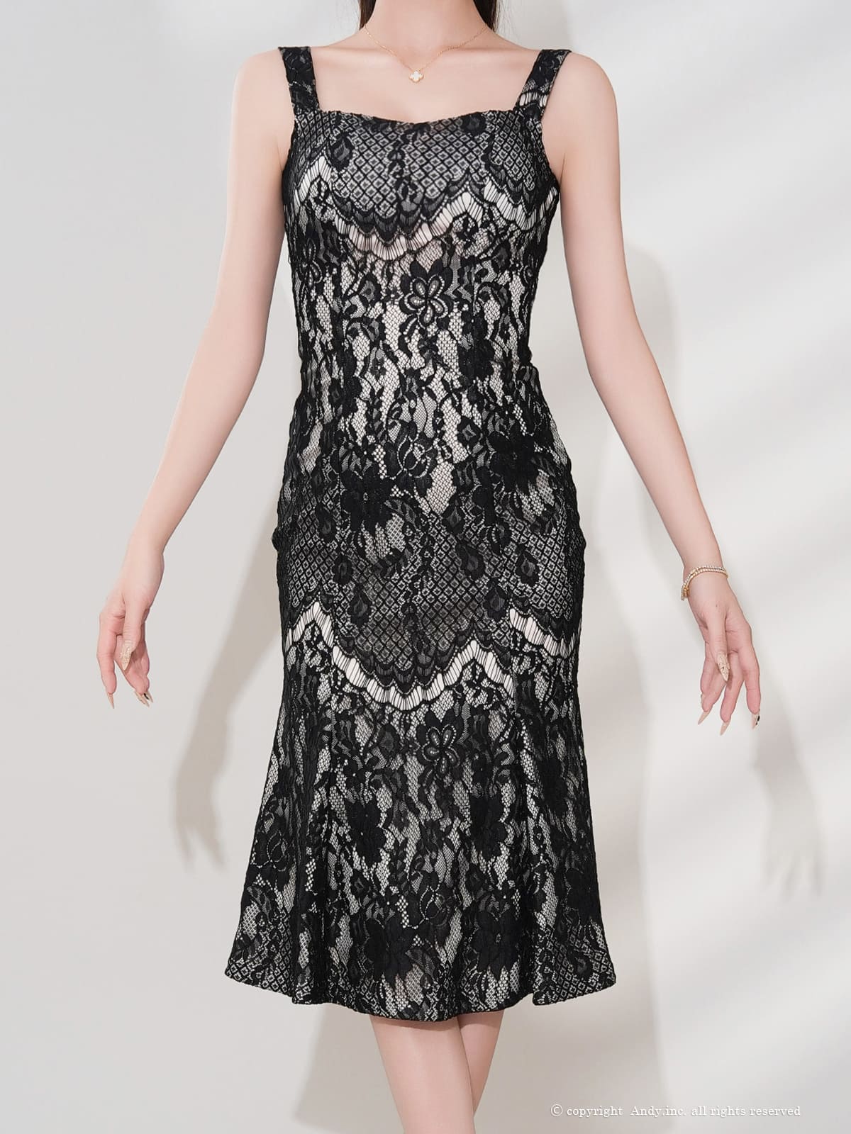 ノースリーブ レース シアー マーメイド 膝丈ドレスの全身バック画像1
